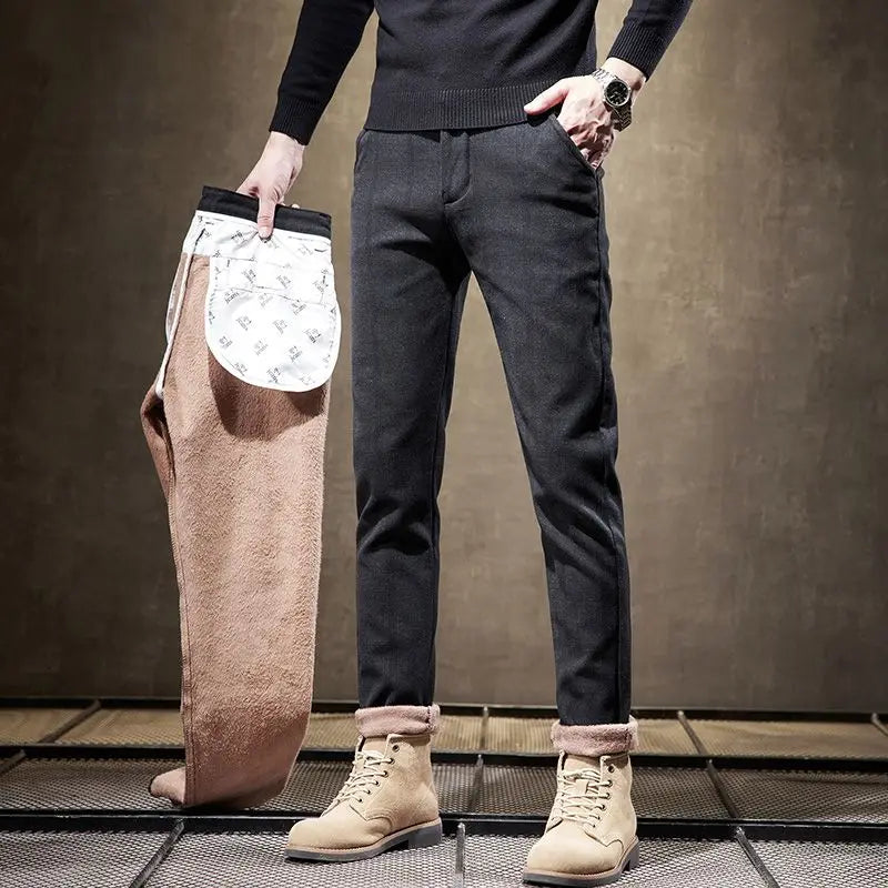 Classic Style Men's Fleece Casual Pants Fashion Striped Plaid Business Straight Slim Casual Pants Black Gray Brand Men Trousers