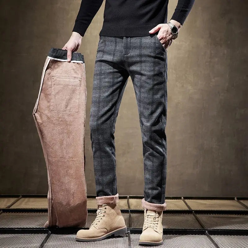 Classic Style Men's Fleece Casual Pants Fashion Striped Plaid Business Straight Slim Casual Pants Black Gray Brand Men Trousers