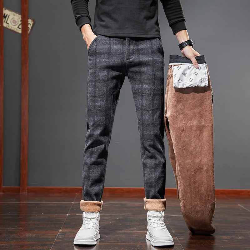 Classic Style Men's Fleece Casual Pants Fashion Striped Plaid Business Straight Slim Casual Pants Black Gray Brand Men Trousers