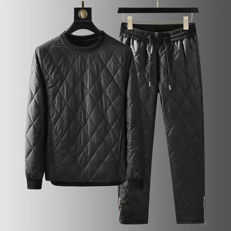 Autumn Winter Men's Two-piece Set O-neck Pullover Cotton Coat Pants Men Pajamas Geometric Patter Warm Thicke Suit Male  Outfits