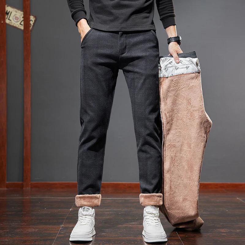 Classic Style Men's Fleece Casual Pants Fashion Striped Plaid Business Straight Slim Casual Pants Black Gray Brand Men Trousers