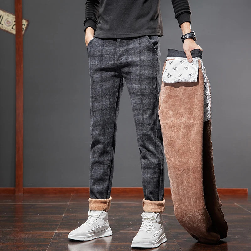 Classic Style Men's Fleece Casual Pants Fashion Striped Plaid Business Straight Slim Casual Pants Black Gray Brand Men Trousers